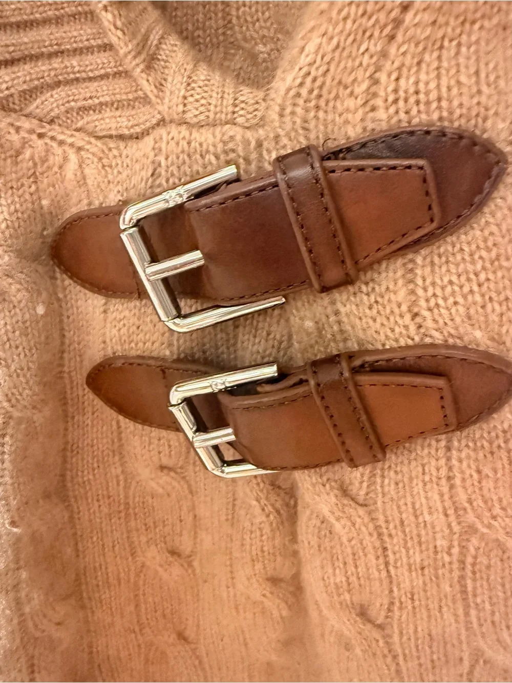 Ralph Lauren Tan Cashmere Cable-Knit Shawl Collar Cardigan with Buckle Tabs